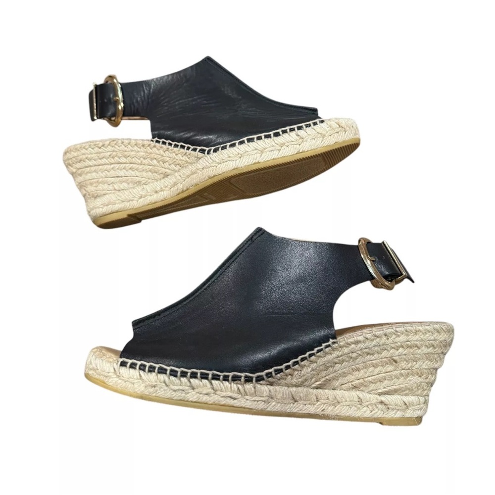 KANNA womens size 40 (9 US) black leather peep toe heeled wedge espadrilles